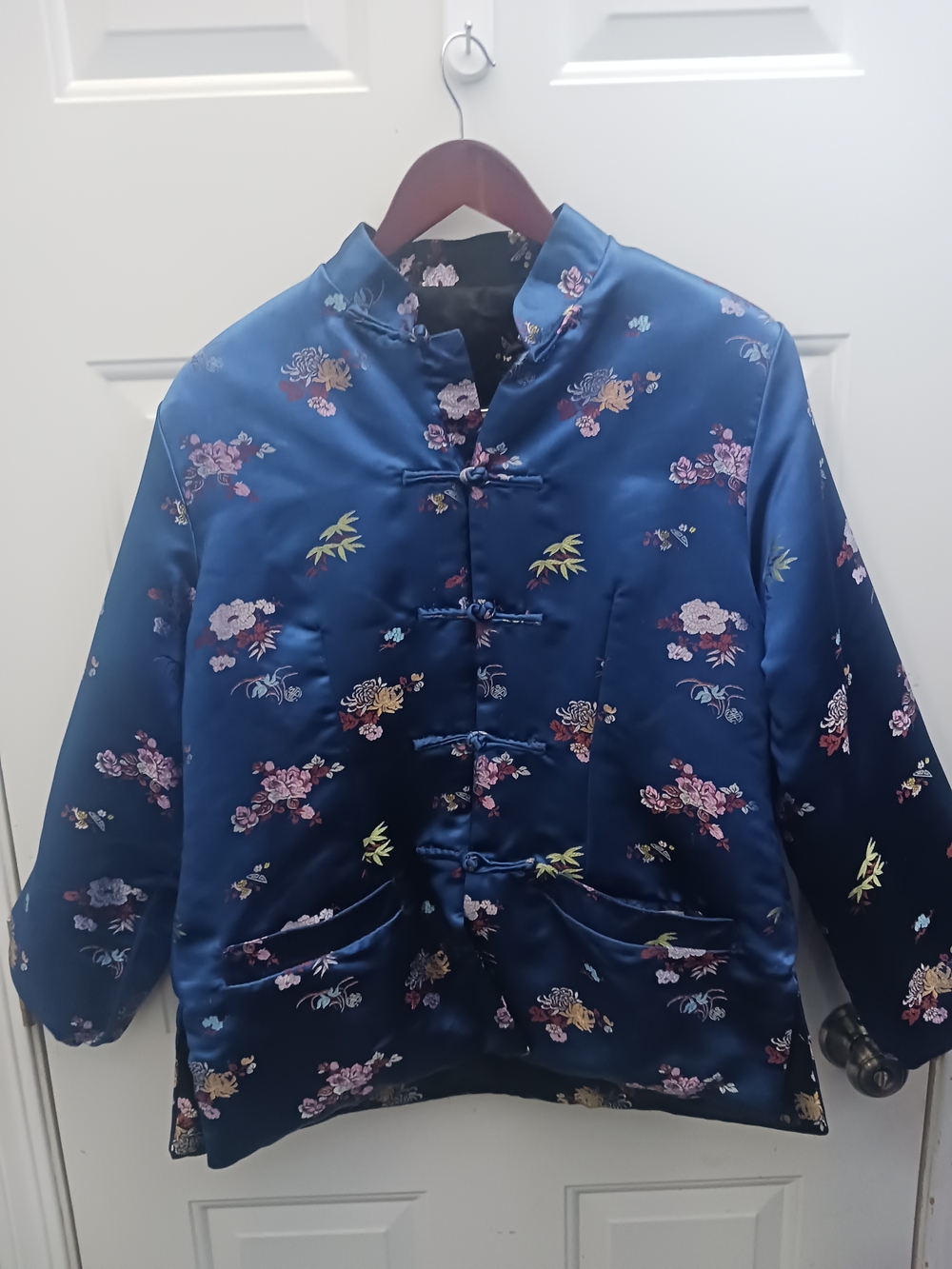 Blue Satin Reversible -Lined Floral Chinese Jacket
